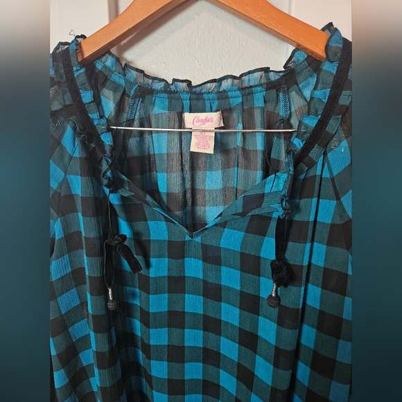 Candie's XL Blue & Black Plaid Sheer Blouse Bell Sleeve Velvet Tie Boho Top - Picture 2 of 9
